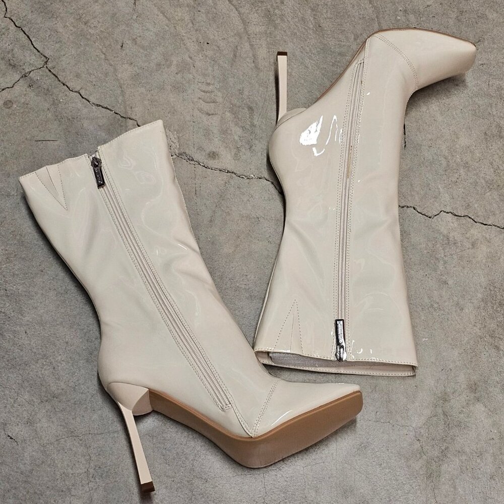 Off White Patent Leather Knee-High Stiletto Heel Boots With Side Zippers Square